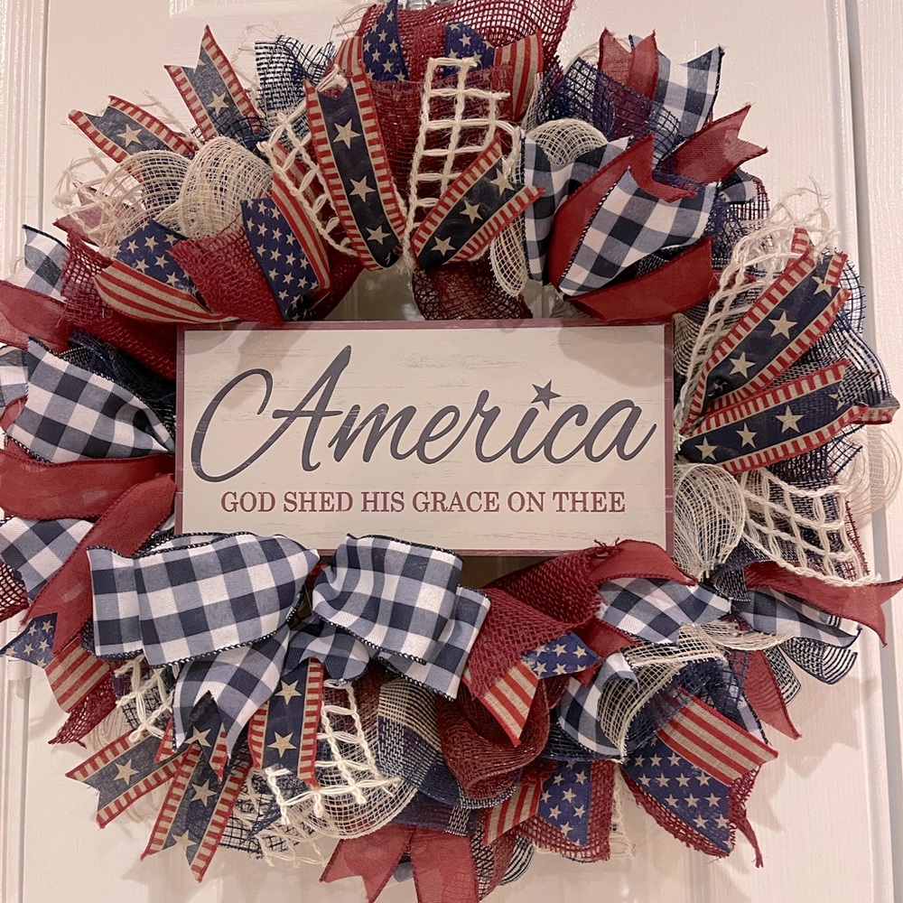 Patriotic WREATH “America God She’d His Grace on Thee” Red, White Blue FULL